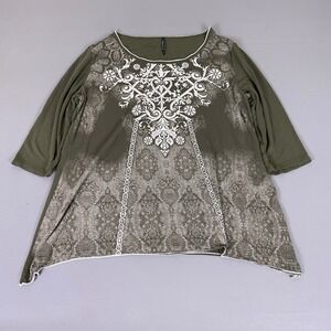 Skinny Minnie Tunic Top Women's 3XL Olive Green Damask Sharkbite 3/4 Sleeve USA